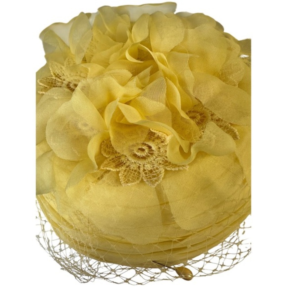 Vintage 60s Yellow Pillbox Hat with Floral Daisy Lace & Veil Fascinator JS - Picture 4 of 10